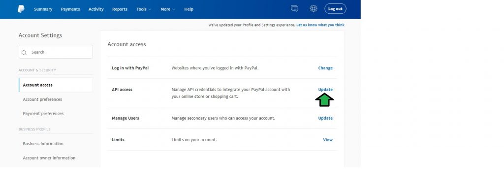 Update the API access of your PayPal account