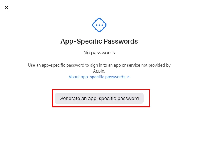 A screen will pop up; click on Generate an app-specific Password