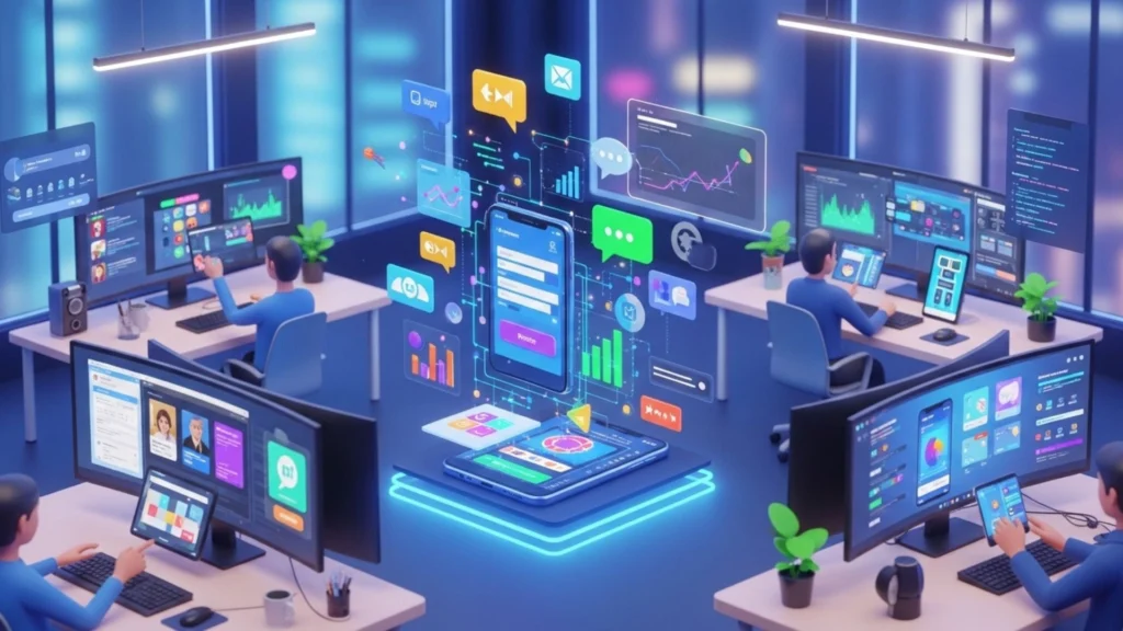 Vibrant 3D scene of multiple devices and floating UI components representing no-code app creation