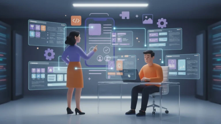 No-code app development concept showing app builder interface
