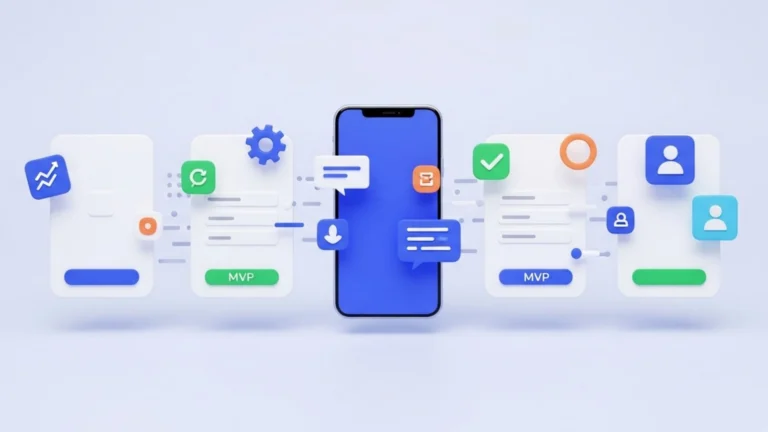 3D illustration of sequential floating app screens representing step-by-step MVP app development