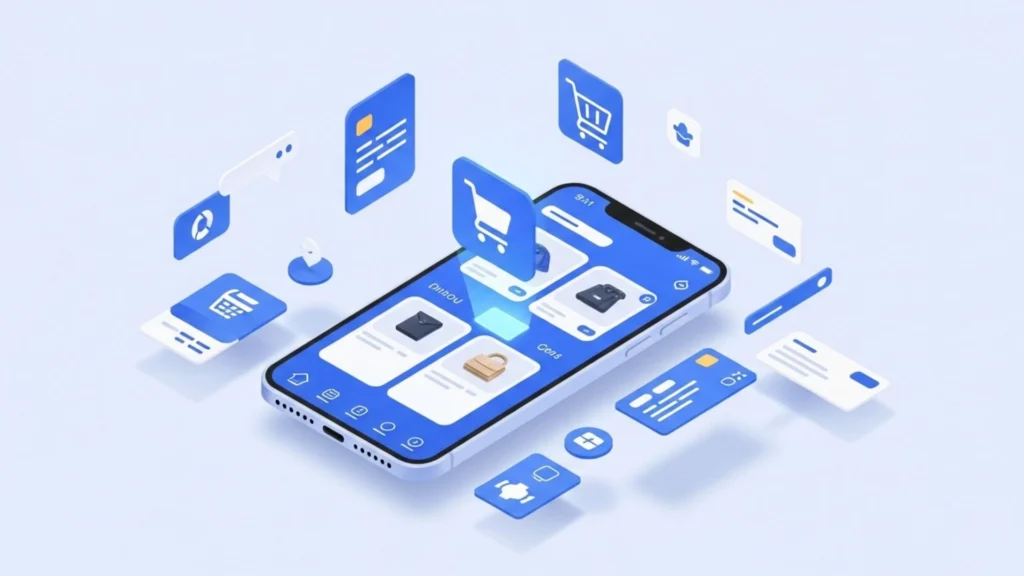 3D smartphone showing product cards, shopping cart, and payment icons for eCommerce app