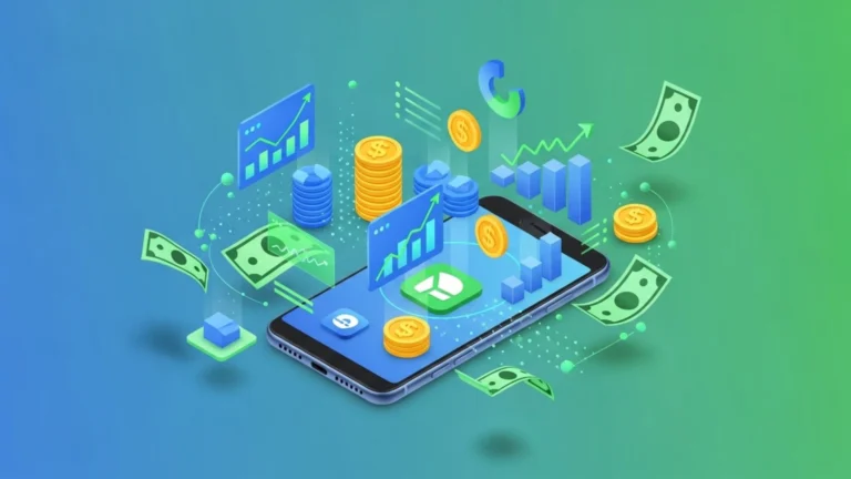 3D illustration of smartphone with floating app screens and coins representing app monetization