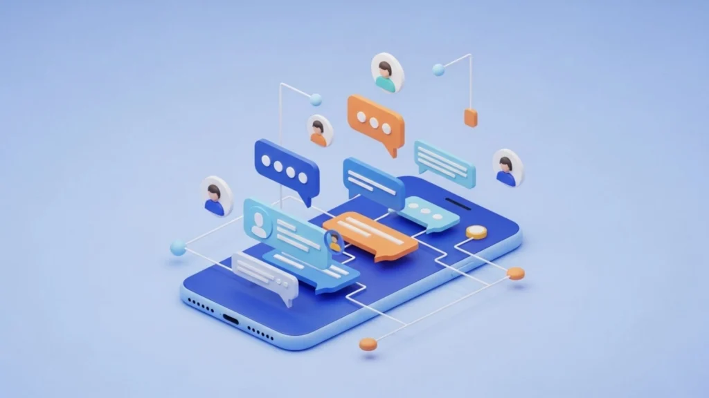 3D illustration showing the process of building a mobile chat app with messaging interface