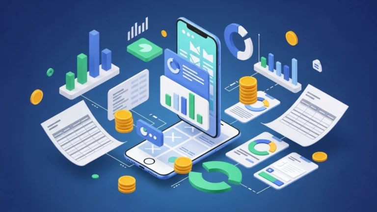3D illustration of smartphone with charts and coins representing mobile app development cost estimation