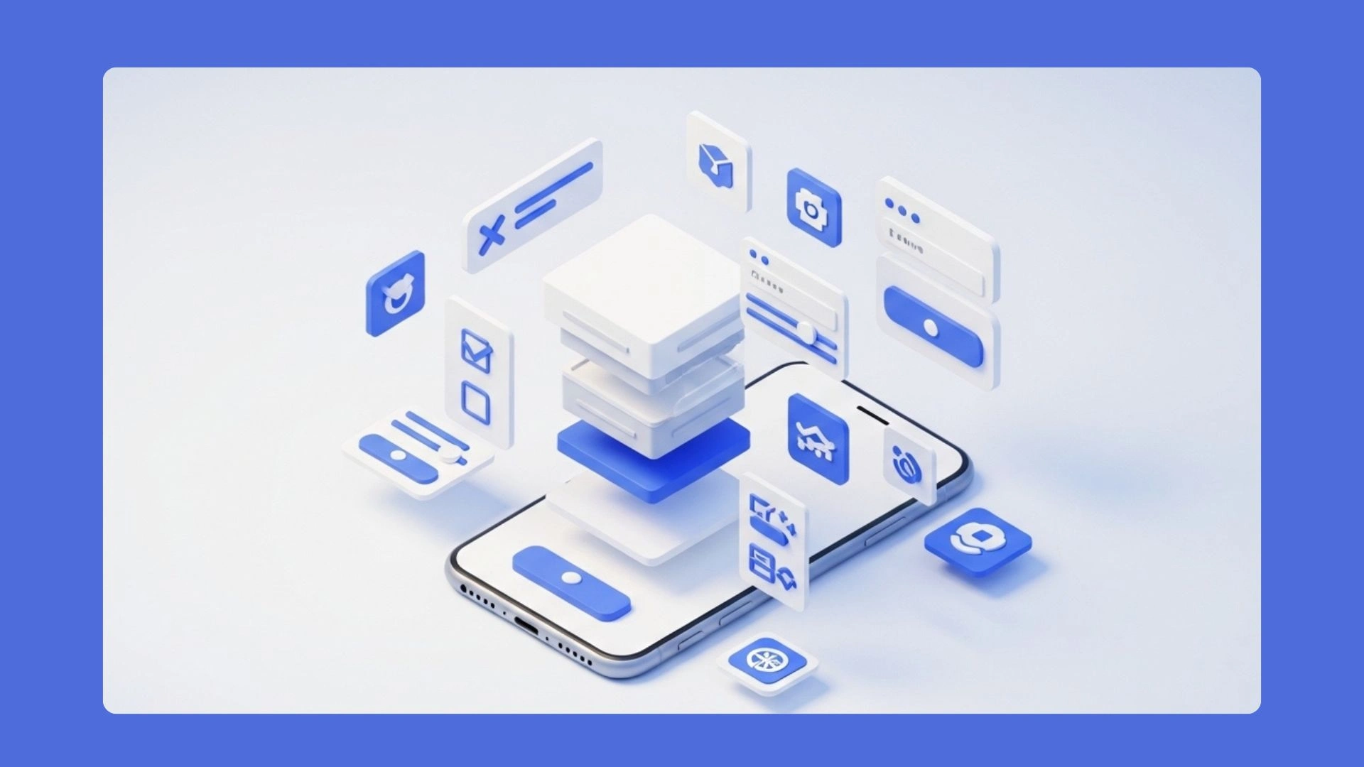 3D illustration of a smartphone with drag-and-drop UI elements for building an app without coding
