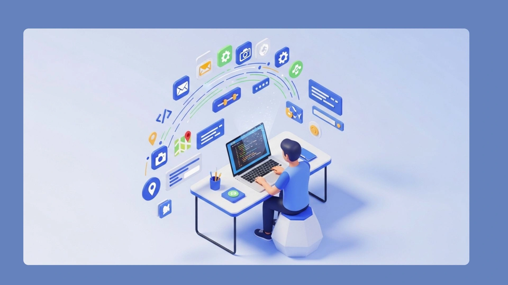 3D illustration of a programmer coding with floating code and app UI elements representing building an app from scratch