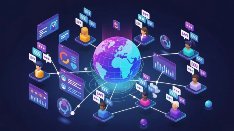 3D illustration of a virtual social network with avatars, chat bubbles, and connections representing a social media app