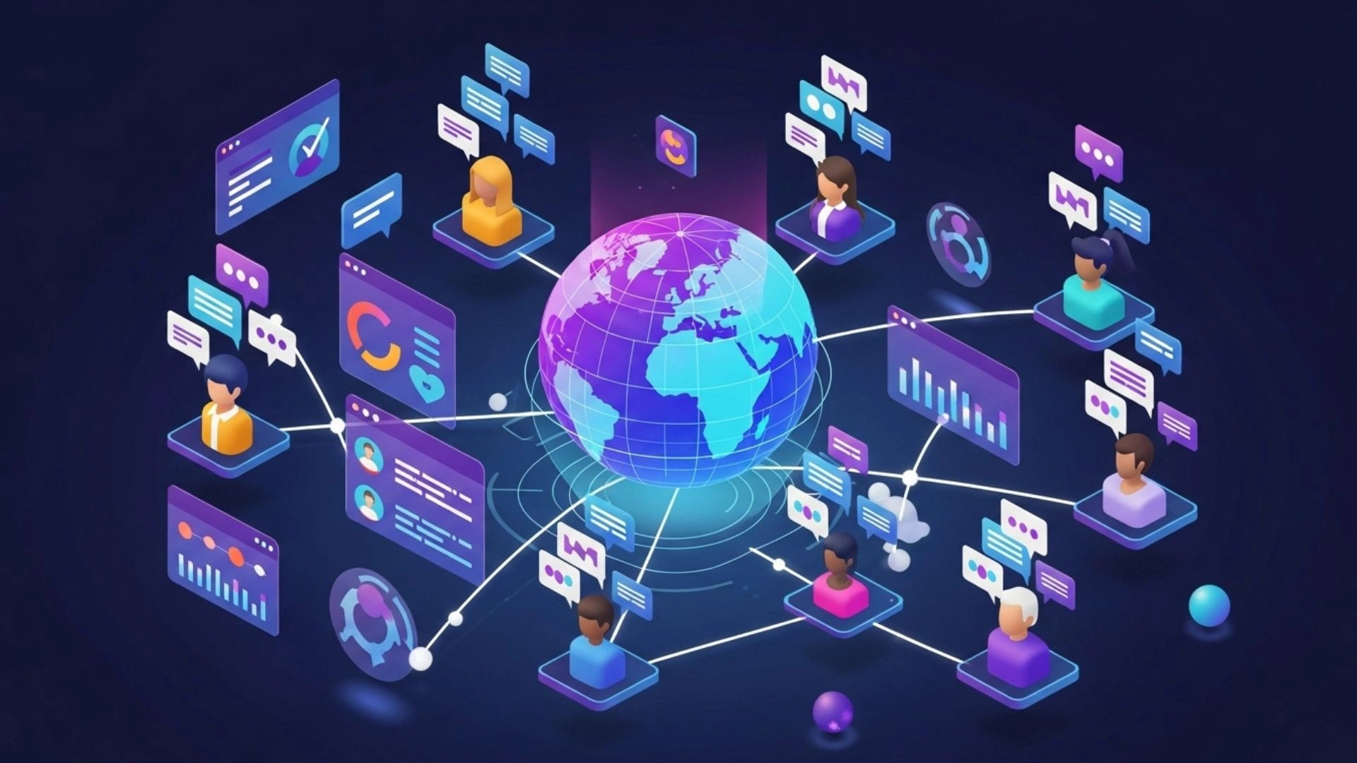 3D illustration of a virtual social network with avatars, chat bubbles, and connections representing a social media app