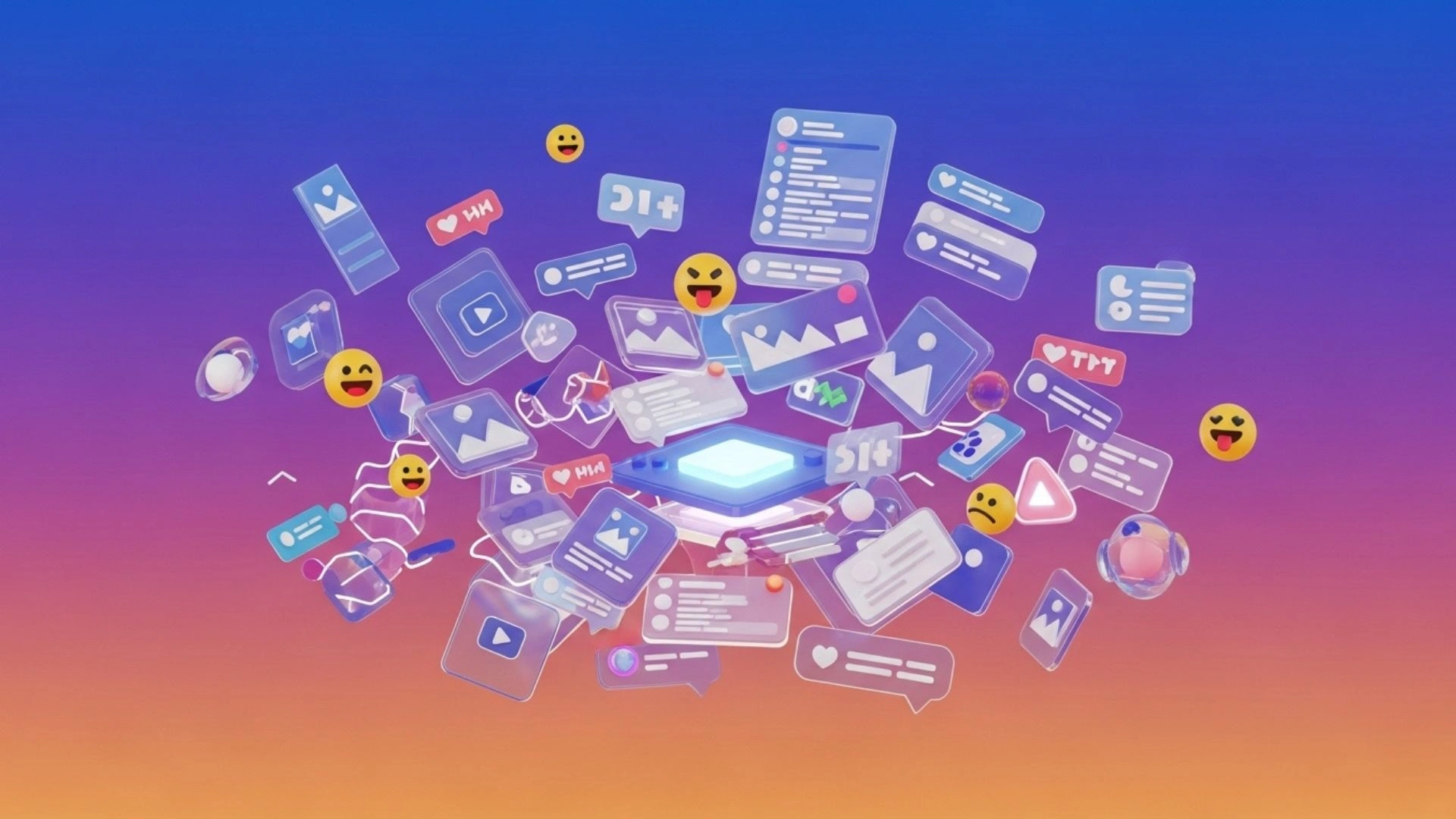 3D illustration of floating social media post elements and creative workspace for building posts