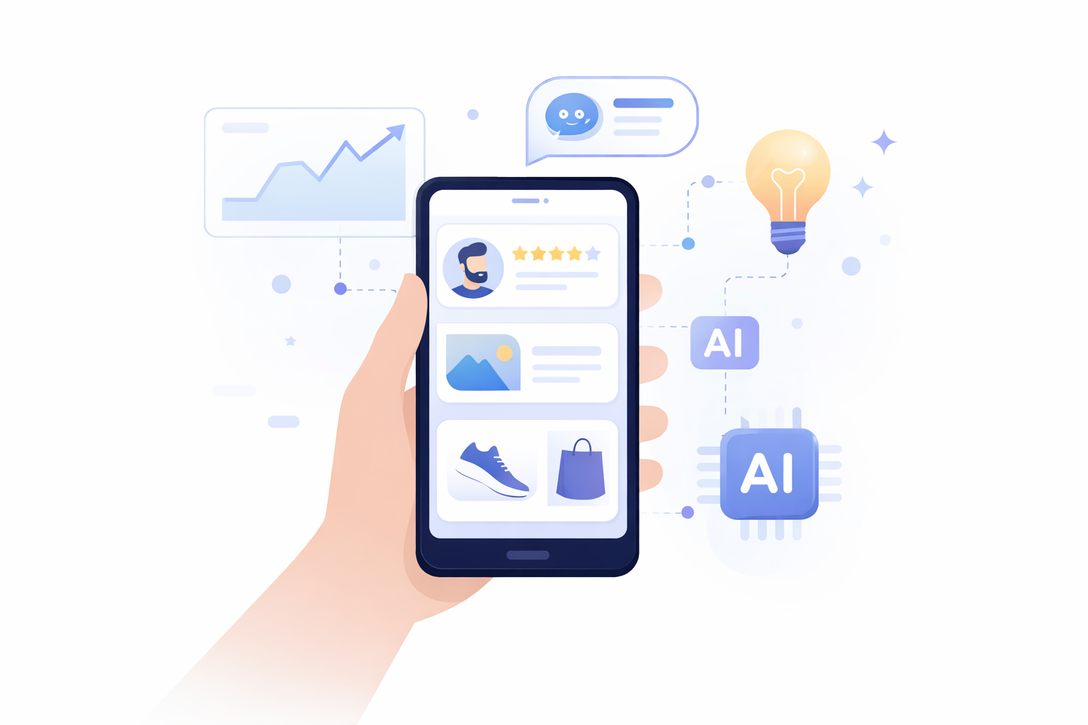 A hand holding a smartphone with an AI-powered interface displaying personalized content, including profiles, images, and product recommendations. Floating icons represent AI's predictive capabilities, including a chatbot, prediction graph, and light bulb.