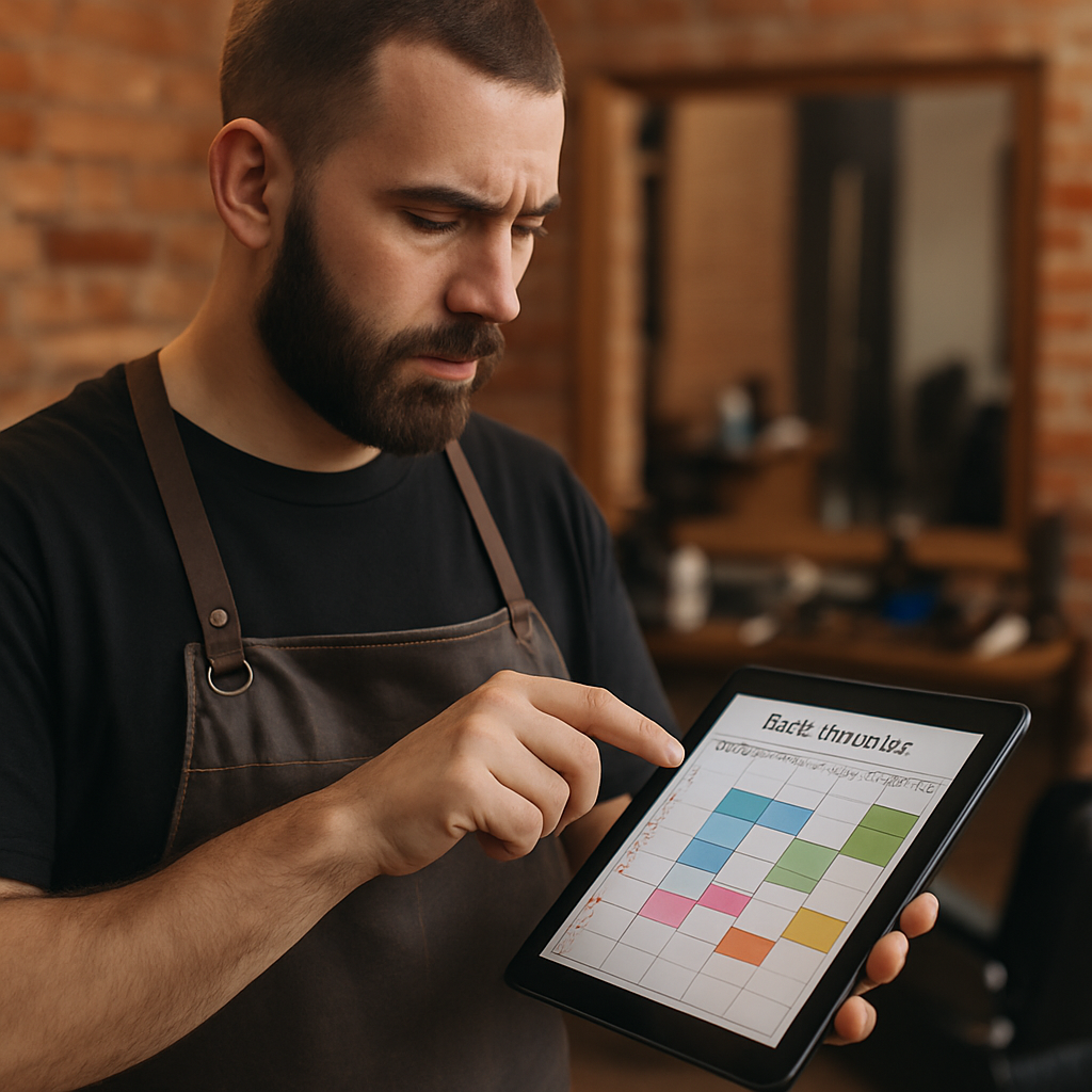 Barber managing appointments on tablet