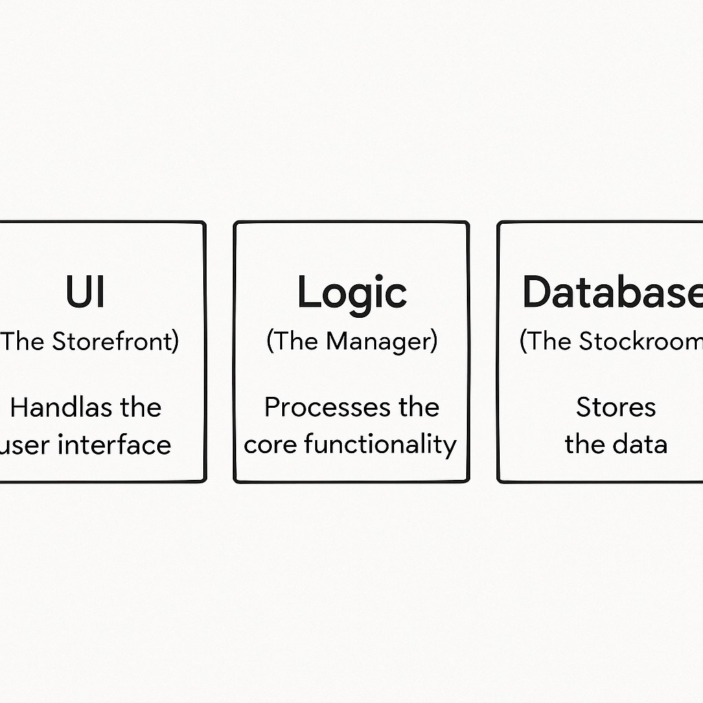 A simple visual with three labeled boxes side-by-side: "UI (The Storefront)", "Logic (The Manager)", "Database (The Stockroom)". Each box has a one-sentence description underneath