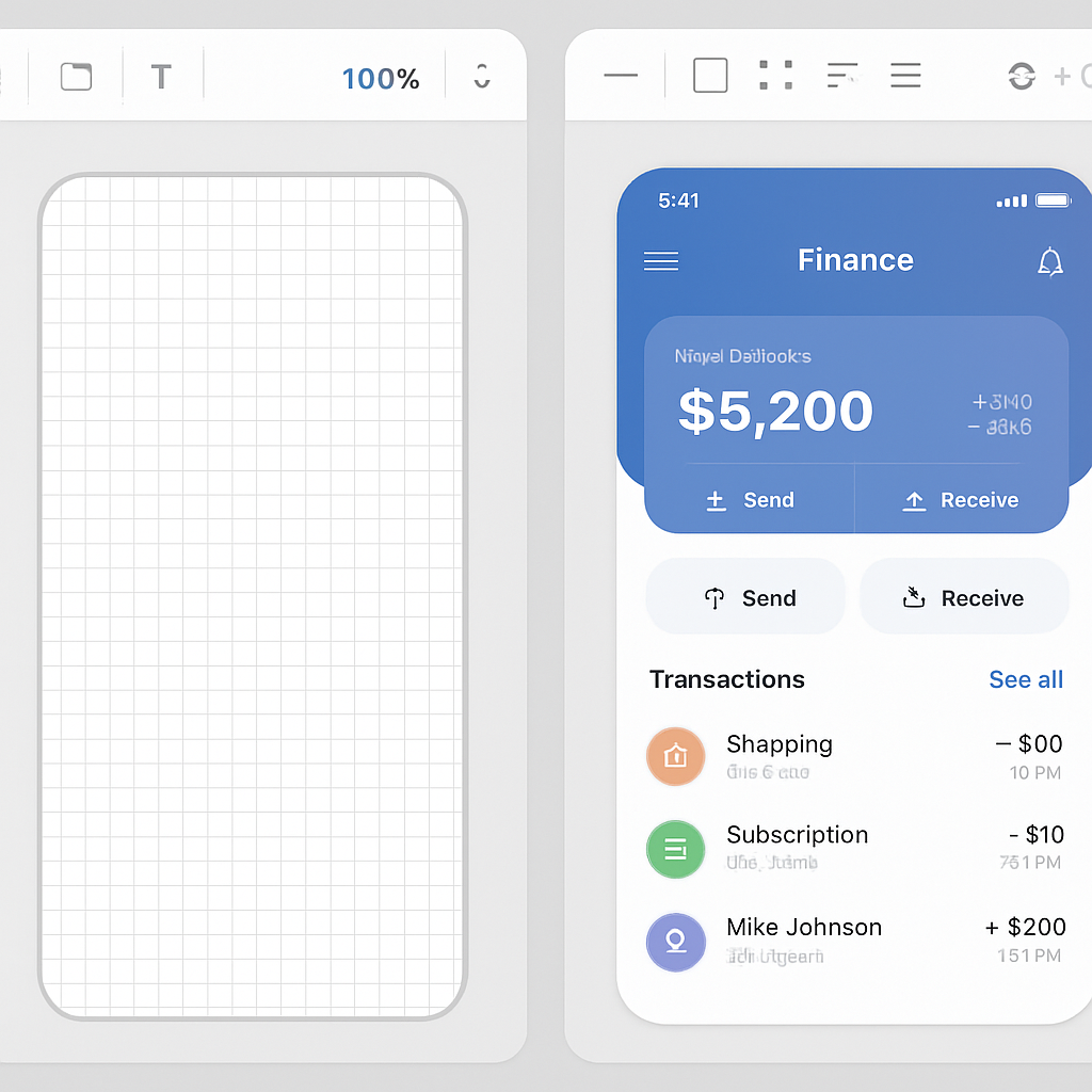 A side-by-side comparison. Left side shows a wireframe-like, empty "blank canvas" editor with toolbars. Right side shows a pre-designed, polished app screen from a "template-driven" builder