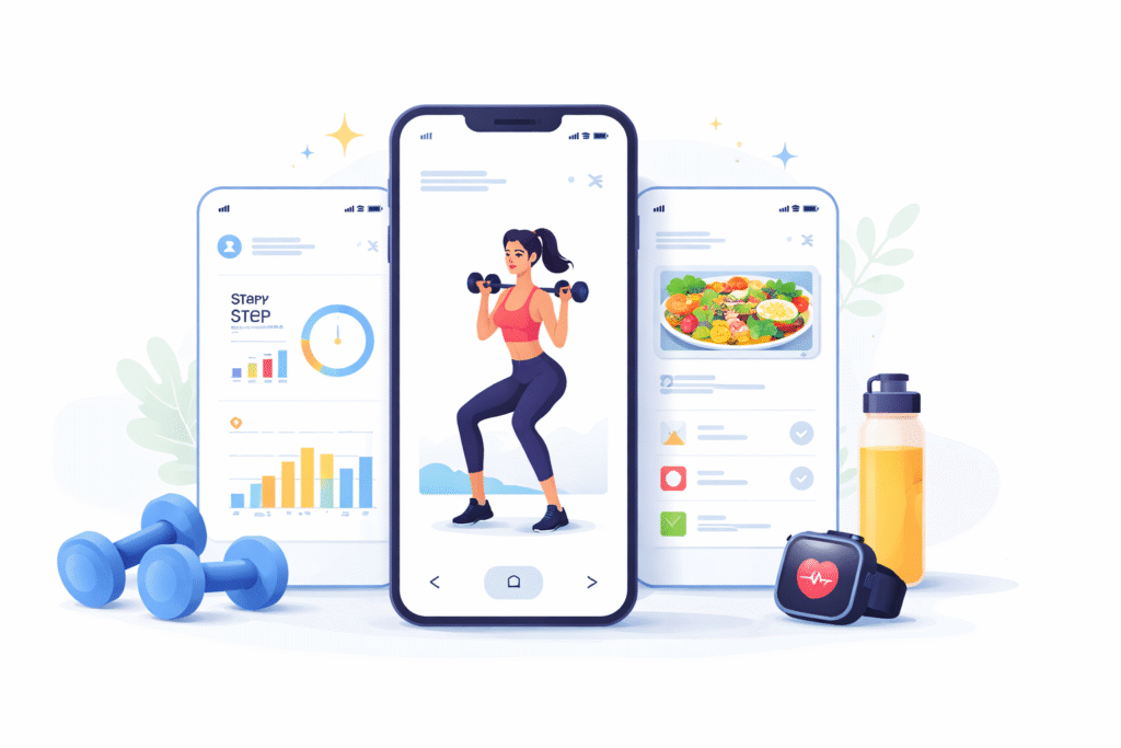 Minimal featured illustration of a custom fitness app built without coding, showing a smartphone workout screen with simple fitness tracking elements and wellness icons.
