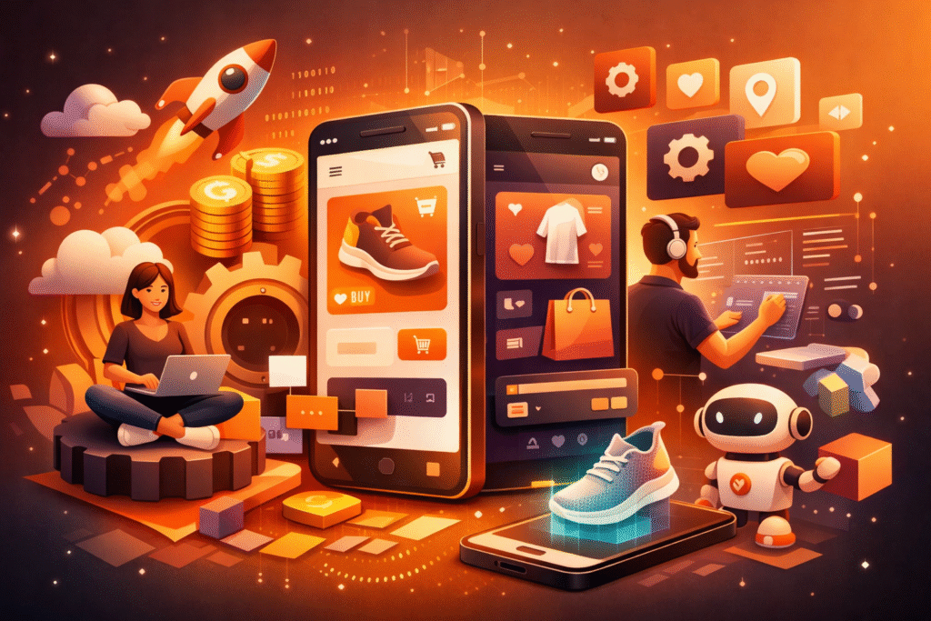 Featured image for an eCommerce mobile app guide showing a futuristic mobile commerce ecosystem with shopping, app development, payments, and product discovery in a warm orange tech style.