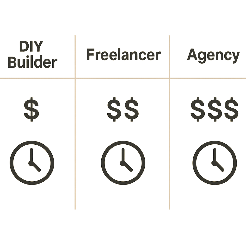 A simple graphic with three columns labeled "DIY Builder," "Freelancer," and "Agency," with icons representing cost ($, $$, $$$) and your time involvement (clock icon, full, medium, low)