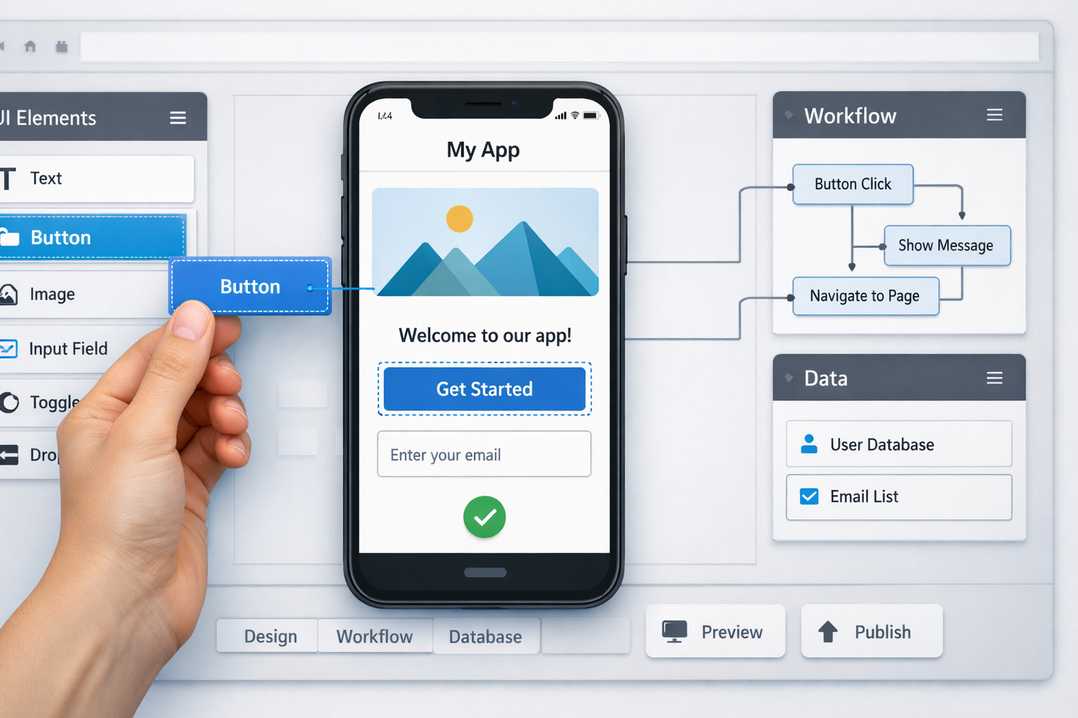 No-code app builder interface showing drag and drop visual editor for creating a mobile app with workflows and database