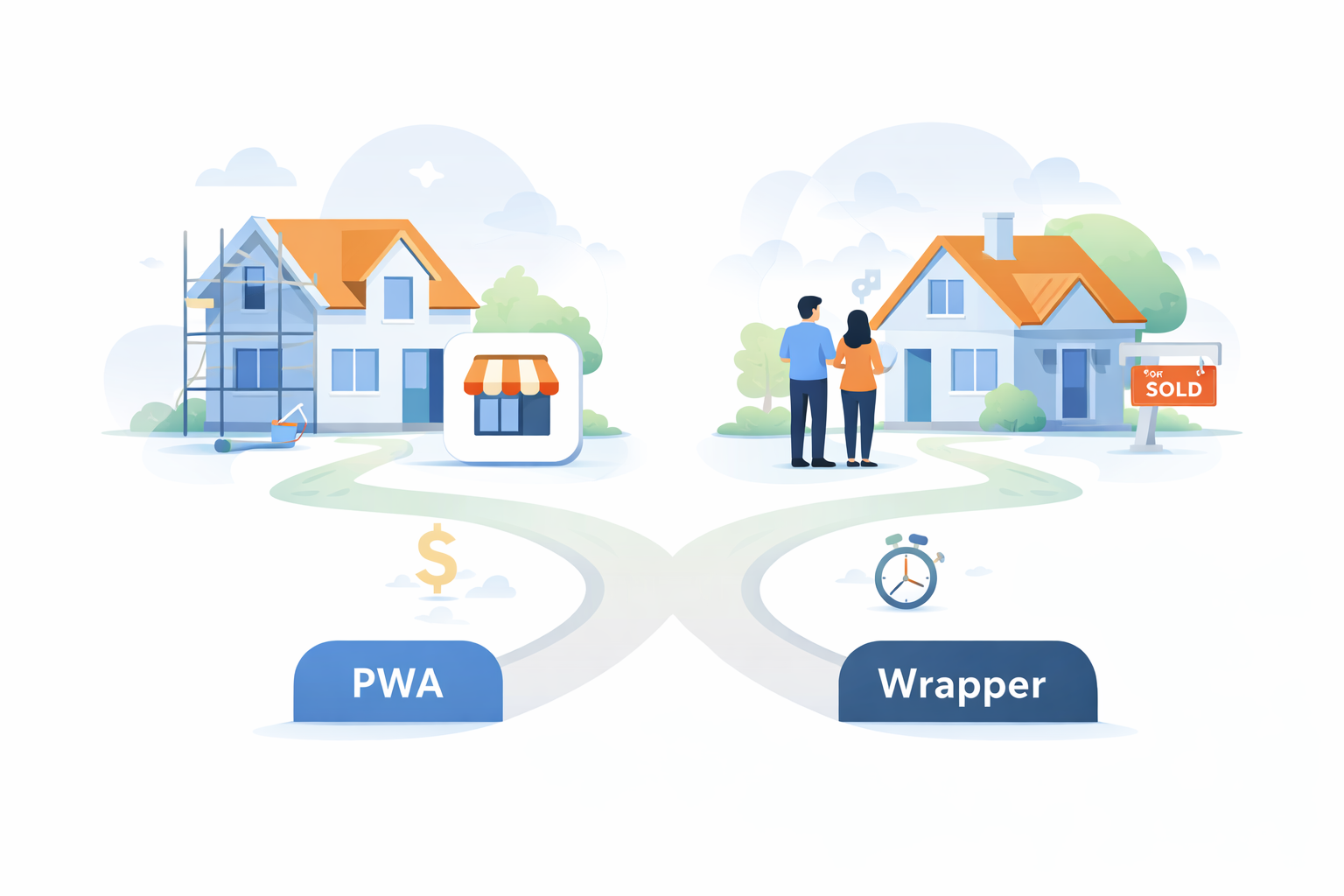 Minimal illustration comparing the options of Progressive Web Apps (PWA) and wrapper-based apps, using the metaphor of choosing between renovating a house (PWA) or buying a new one (Wrapper), highlighting differences in cost and time.