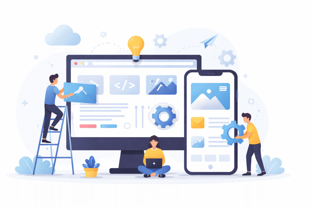 Minimal illustration of web and mobile app development with a desktop monitor, smartphone, and developers building responsive digital products.