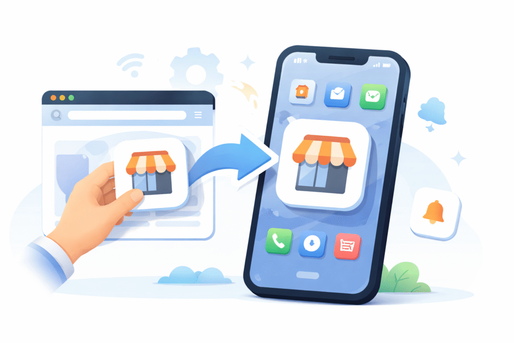 Minimal illustration of a business website transforming into a mobile app on a smartphone, showing how Australian businesses can turn a website into an app.