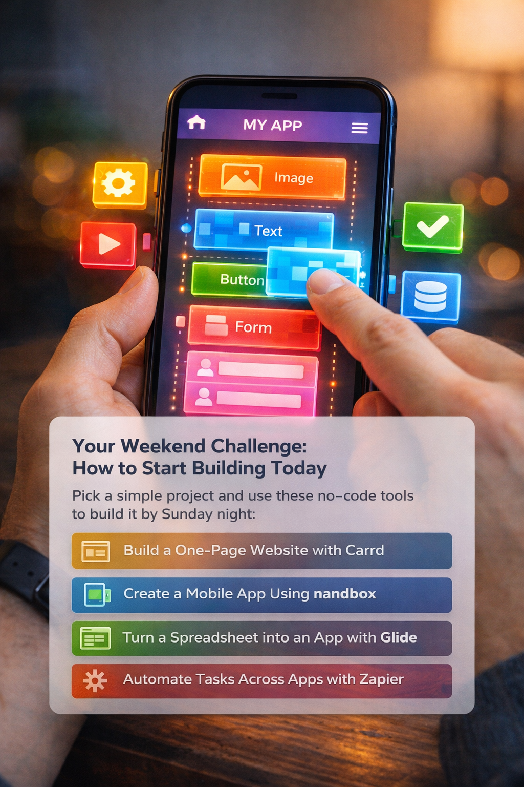 Hands holding a smartphone with a visual no code app builder interface, alongside a weekend challenge panel showing beginner tools like Carrd, nandbox, Glide, and Zapier for building a website, app, or automation project.