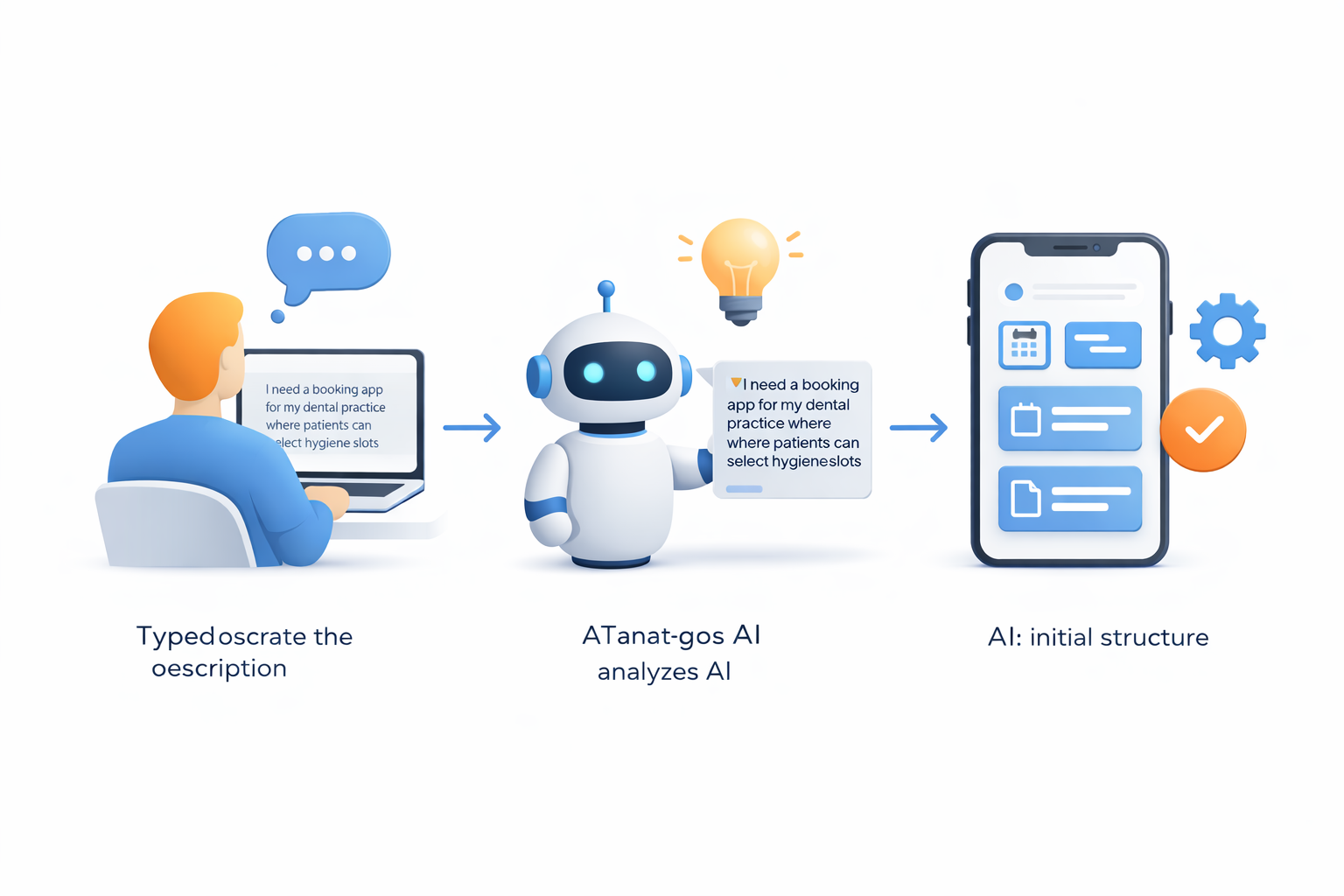 Minimal step-by-step illustration showing how an AI mobile app builder turns a simple prompt into an app prototype, with a user idea, AI processing, and a finished mobile screen.
