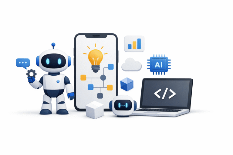 Minimal 3D illustration of AI-powered app development with a robot, smartphone, and laptop representing automation and smart tools