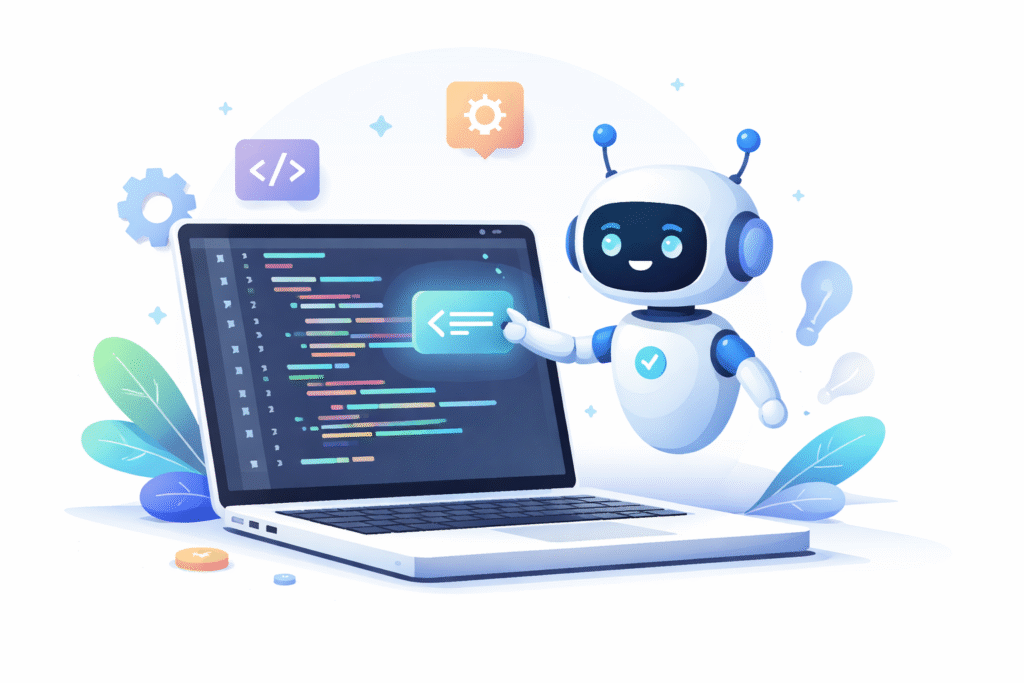 AI-assisted coding with a friendly robot helping with code suggestions on a laptop.