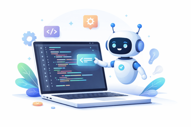AI-assisted coding with a friendly robot helping with code suggestions on a laptop.