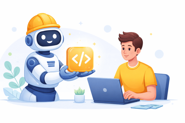 Minimal featured illustration of an AI code generator helping a beginner build an app, with a friendly robot presenting a coding icon beside a person using a laptop.