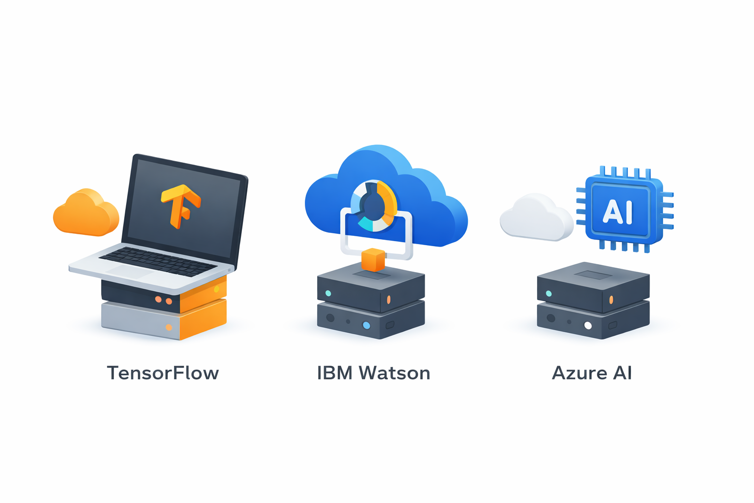 Minimal illustration of AI platforms powering app development with cloud, chip, and laptop symbols representing machine learning tools