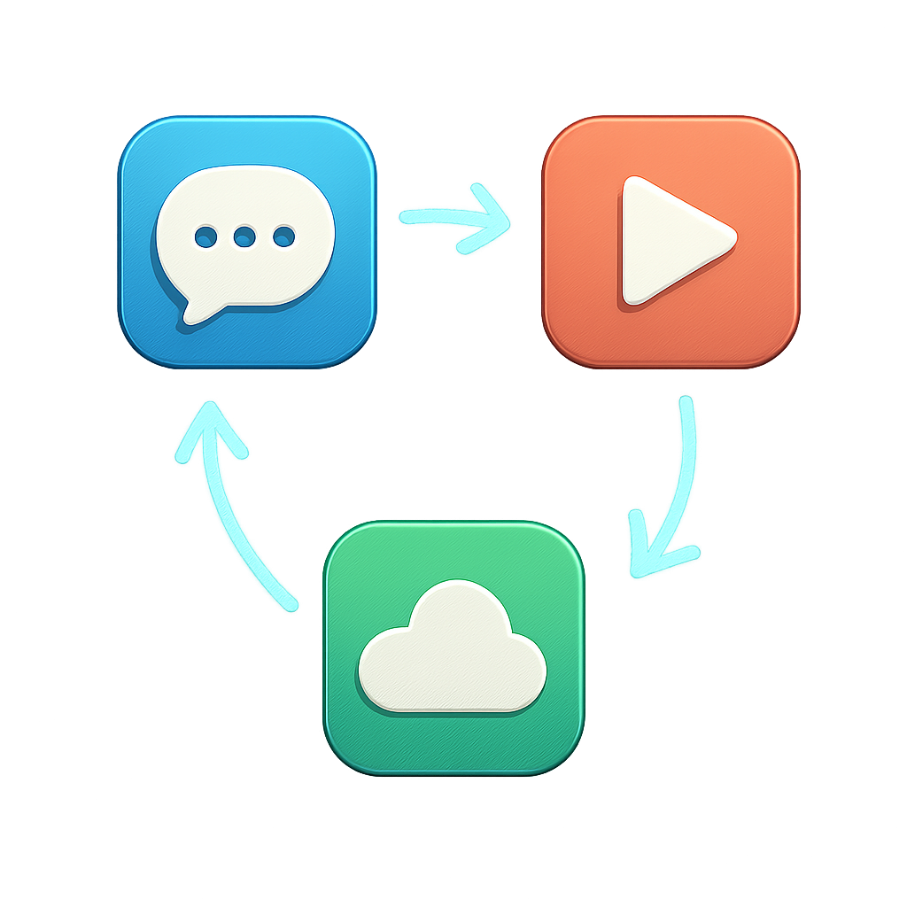 A visual representation of three different app icons connected by glowing lines, forming a circular flow.