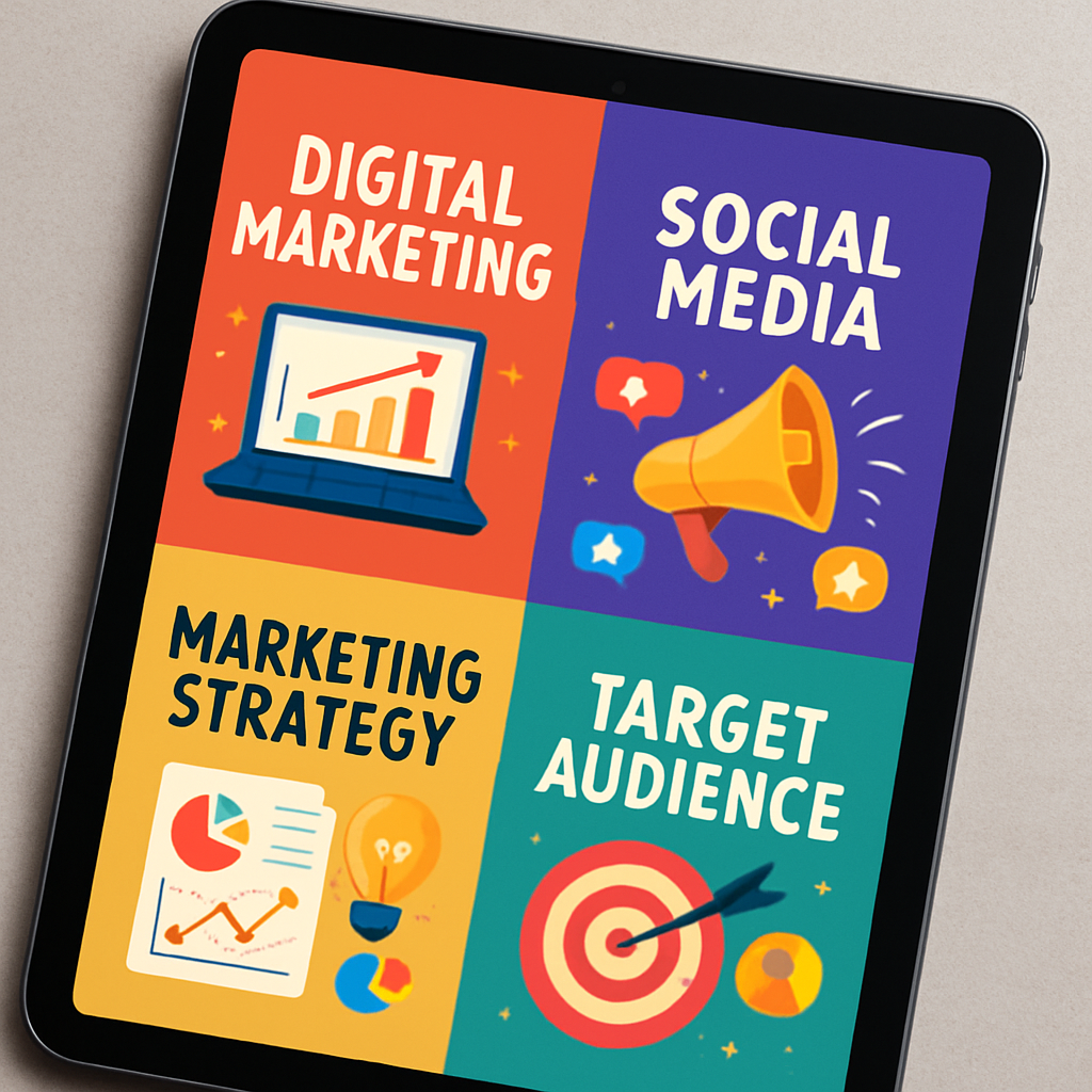 A series of vibrant, high-quality digital marketing posters appearing on a tablet screen.