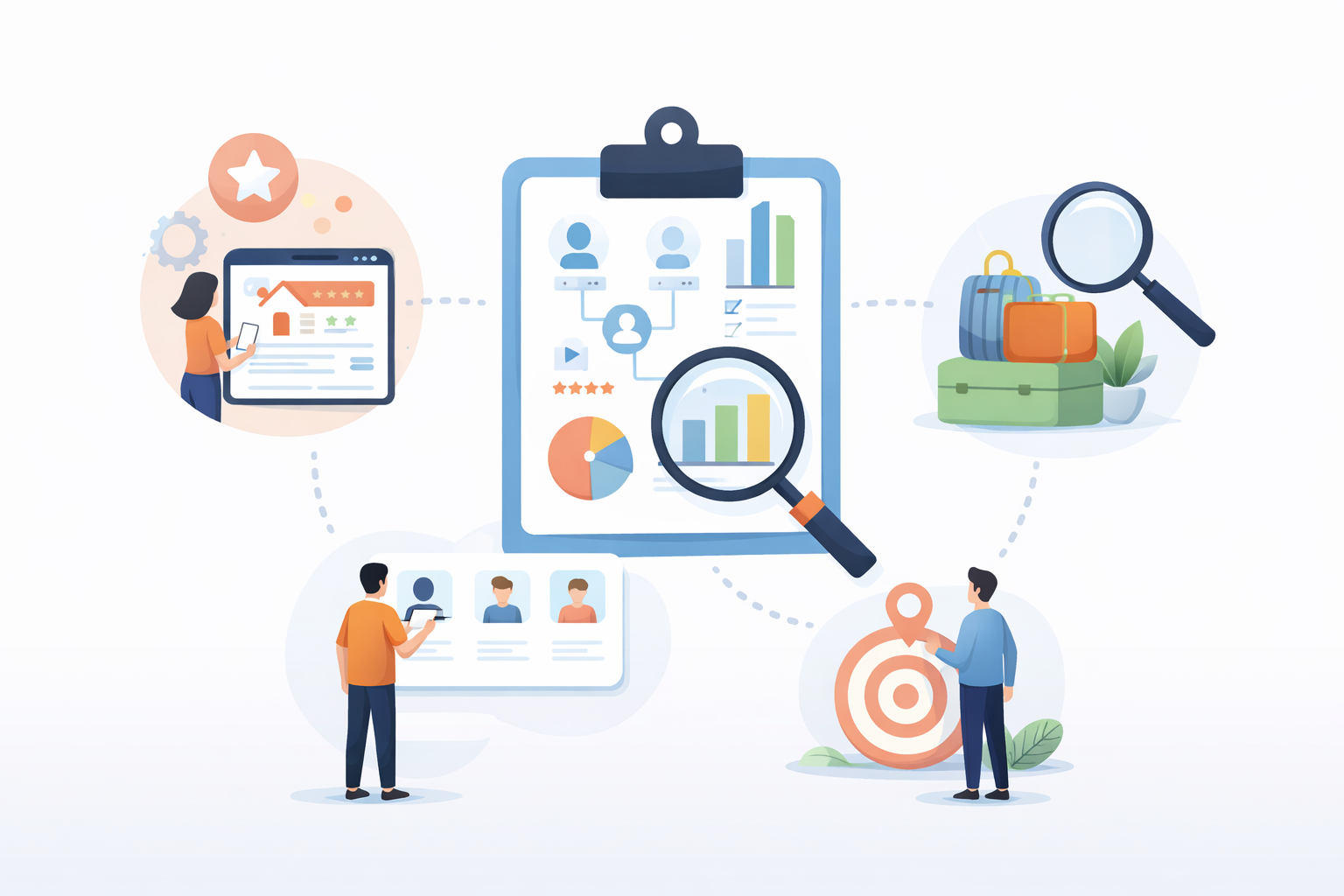 Minimal illustration of market research for an Airbnb-like app with clipboard, analytics, user profiles, and target audience icons