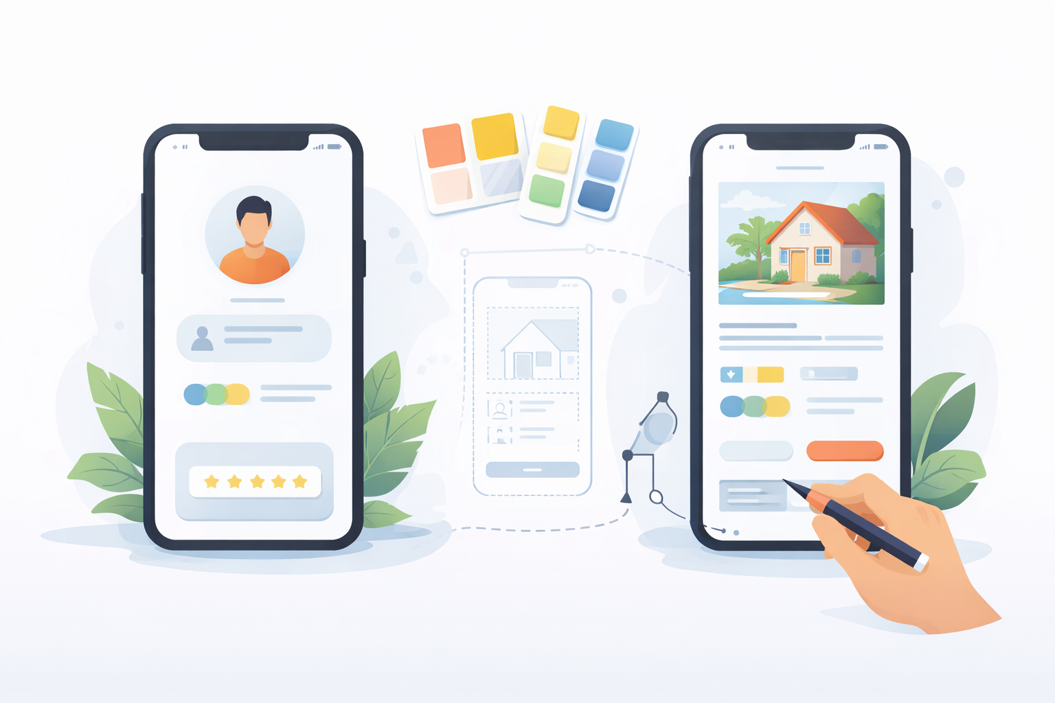 Minimal illustration of mobile app UI design showing user profile and property listing screens for an Airbnb-like app