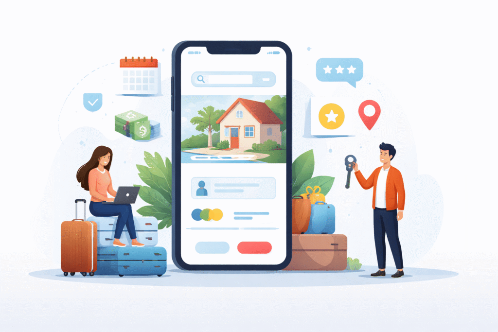 Minimal illustration of a mobile app connecting a host and traveler with a house listing, booking, and payment concept for an Airbnb-like platform