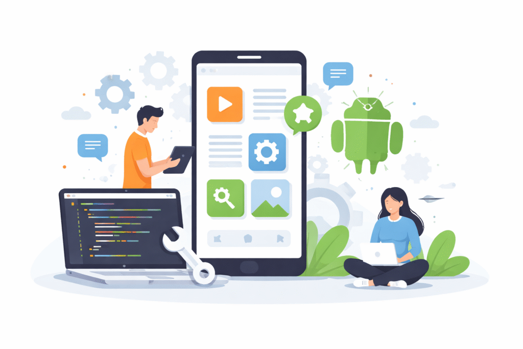 "Android app development process with developers working on a smartphone and app tools in a minimal flat style."