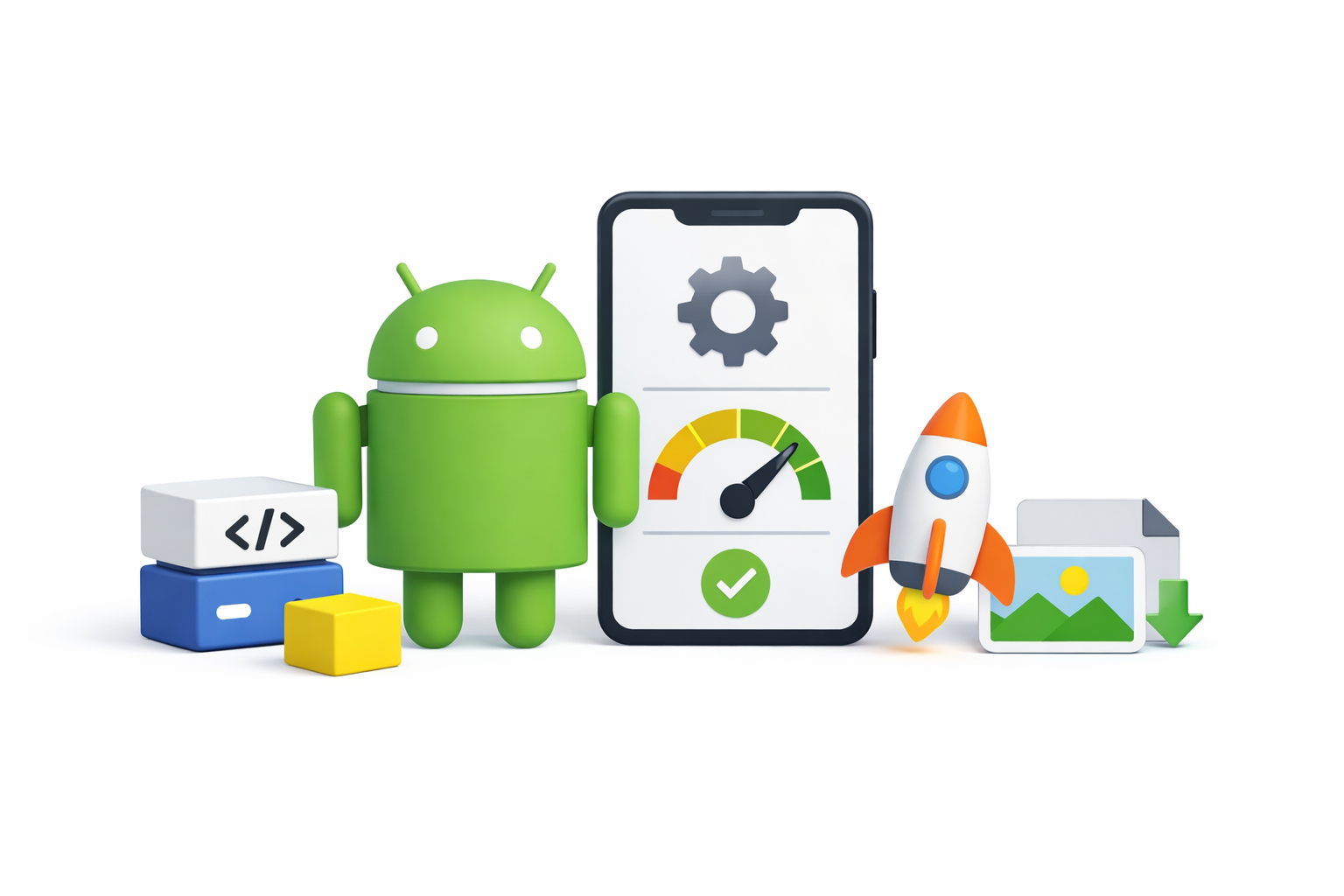 Minimal 3D illustration of Android app optimization showing Android robot next to a smartphone with performance gauge and speed elements on clean white background