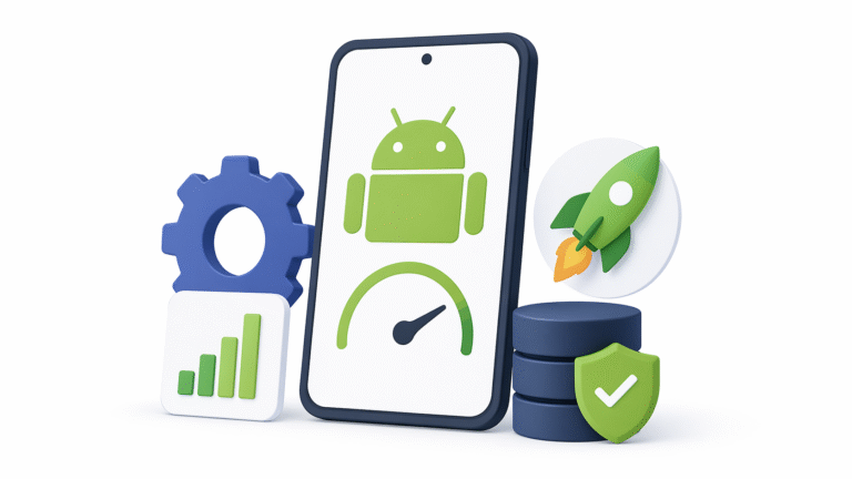 Minimal illustration of Android app optimization showing smartphone performance, speed, security, and efficiency concepts