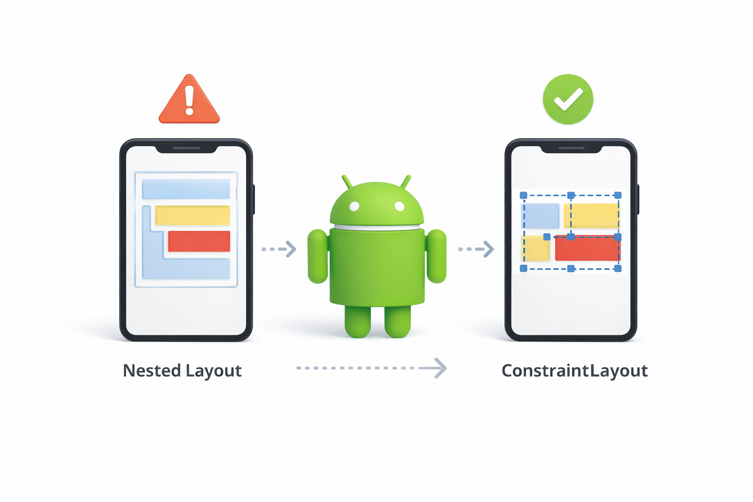 Minimal illustration comparing complex nested Android layouts with simplified flat ConstraintLayout for better performance and faster rendering