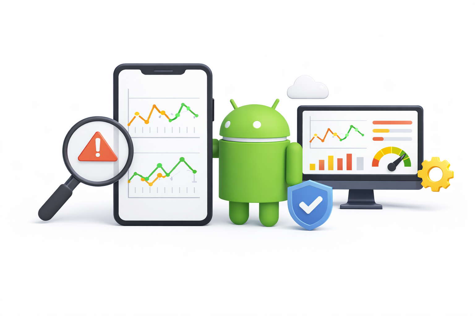 Minimal illustration of Android app performance monitoring showing smartphone with graphs, magnifying glass detecting issues, and dashboard screen for analytics