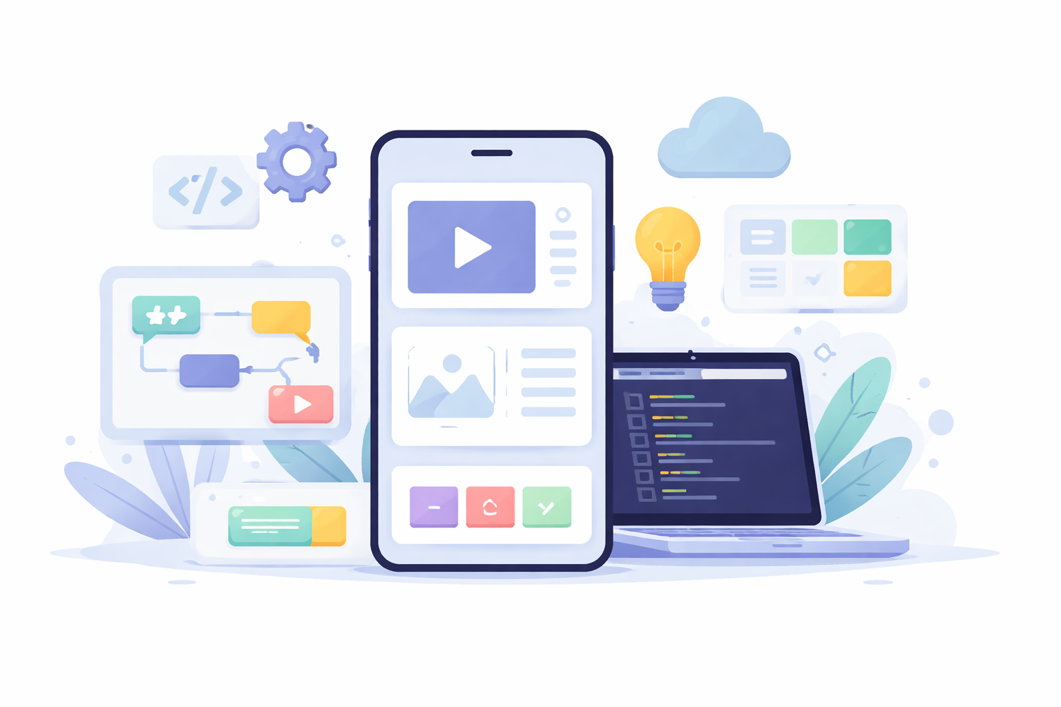 Minimal flat illustration of mobile app development platform with smartphone, UI components, and coding elements representing no-code and low-code app creation