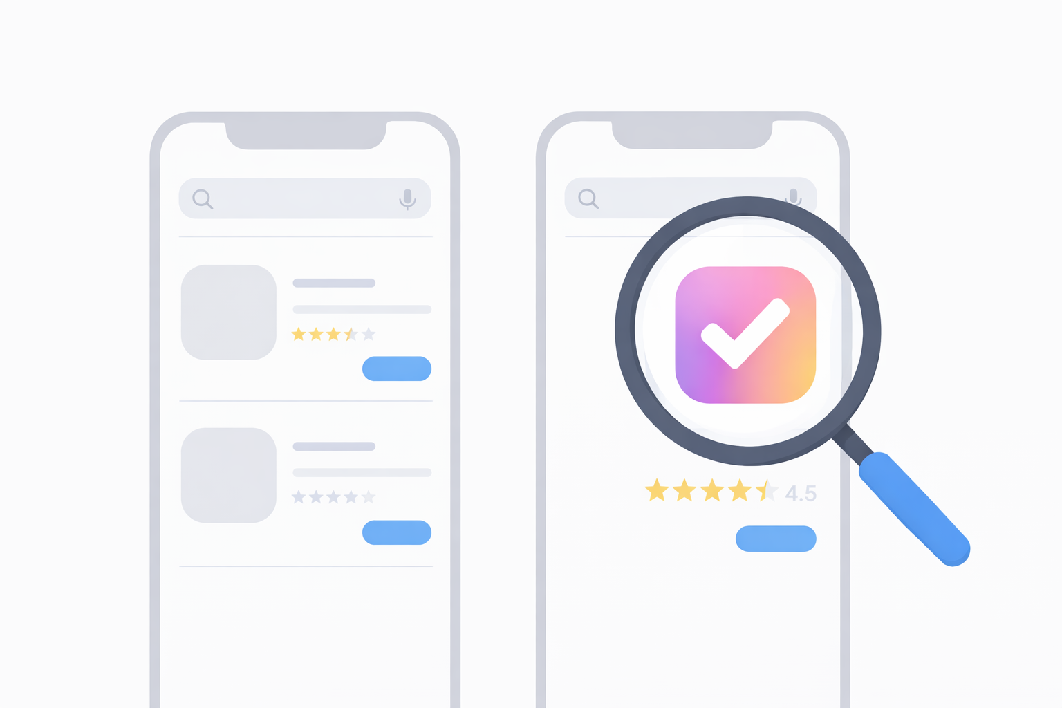 Minimal illustration of two app store result screens, with one generic listing fading into the background and one highlighted app standing out in search, representing stronger app positioning and discoverability.
