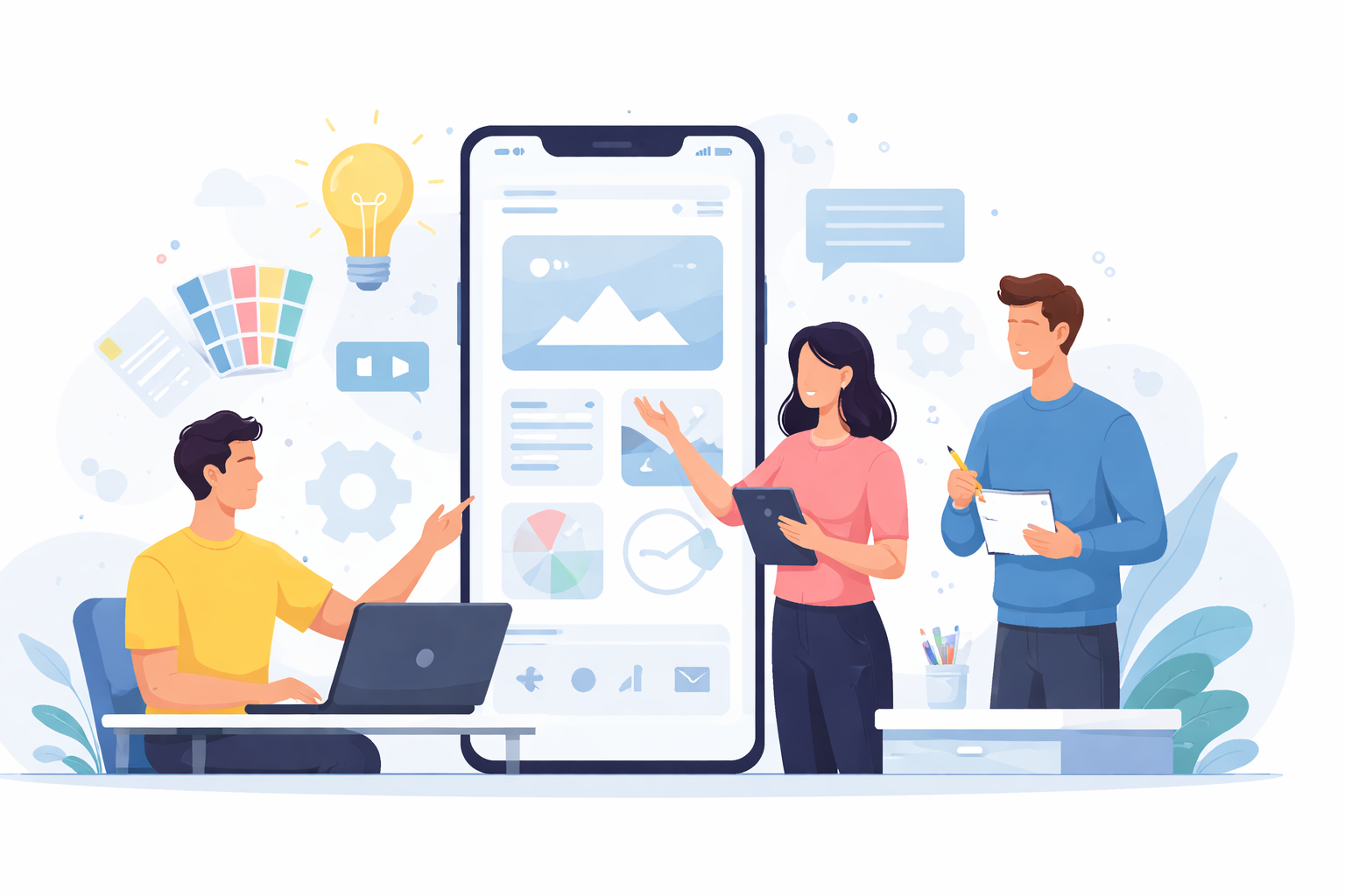 Three mobile app designers collaborating around a large smartphone, showcasing a UI prototype and design tools.