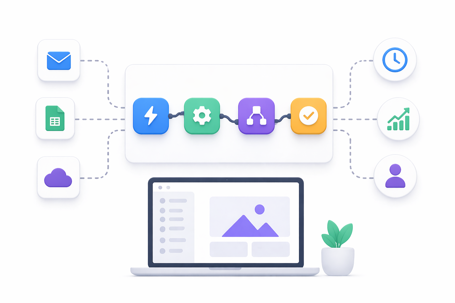 Minimal illustration of automated workflow connecting apps and outputs through a drag-and-drop process on a laptop