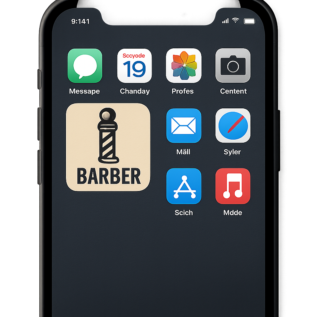A simple visual showing a barber's logo on a smartphone home screen alongside popular apps.