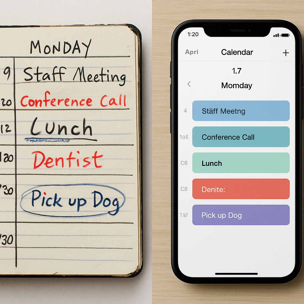 A side-by-side comparison of a messy paper appointment book next to a clean, organized smartphone app interface.