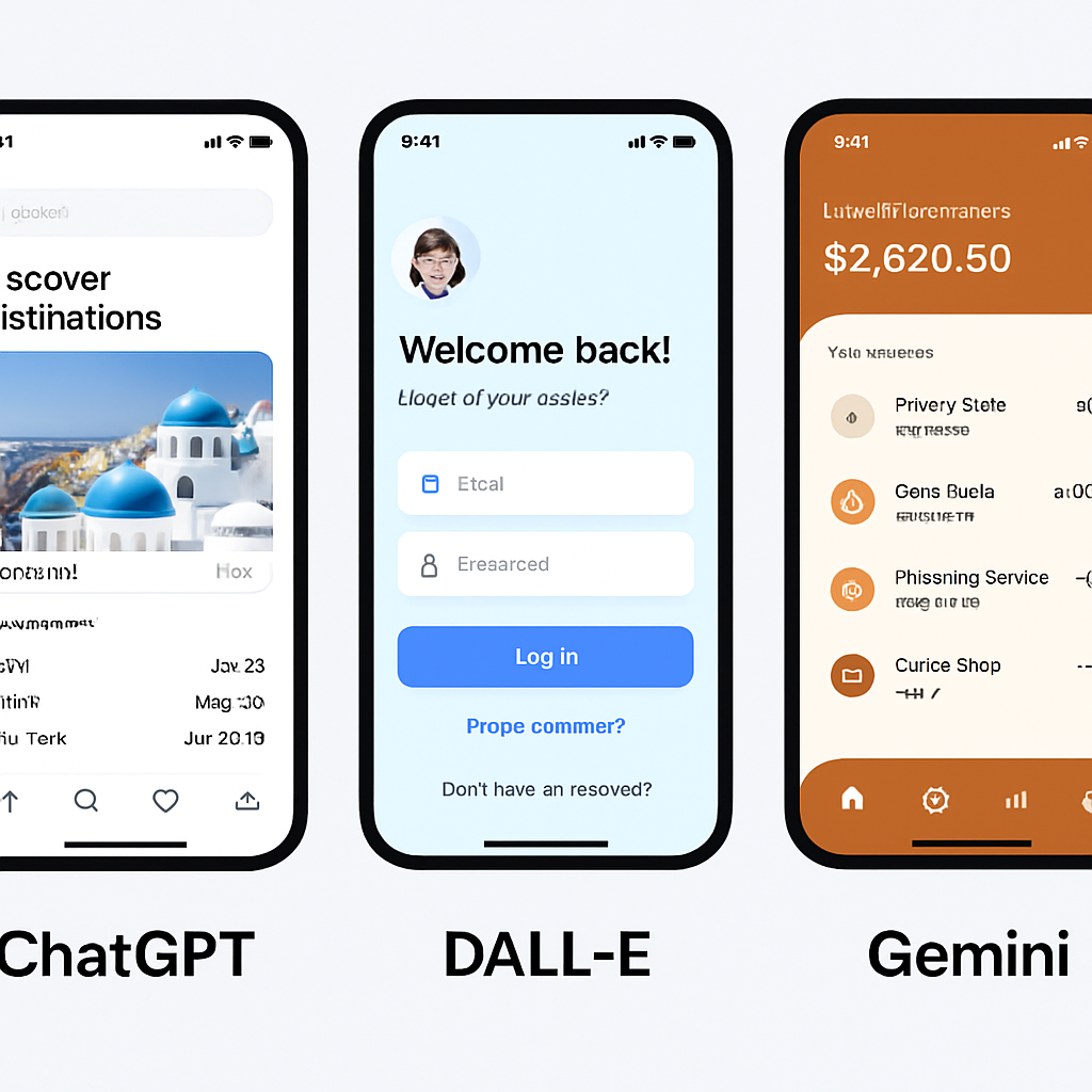 A clean screenshot showing a side-by-side comparison of three different mobile app interfaces generated by different AI tools.