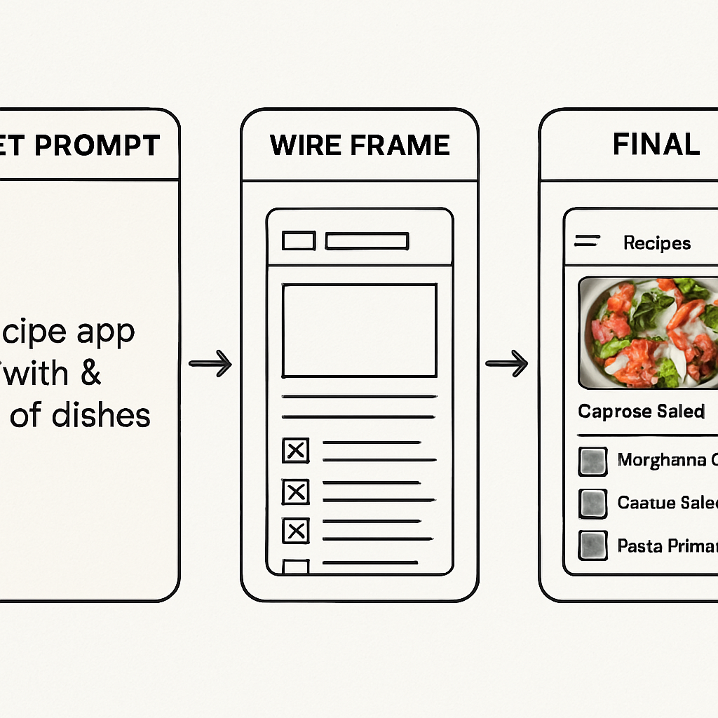 A visual step-by-step flowchart showing the transition from a text prompt to a wireframe to a final mobile screen.